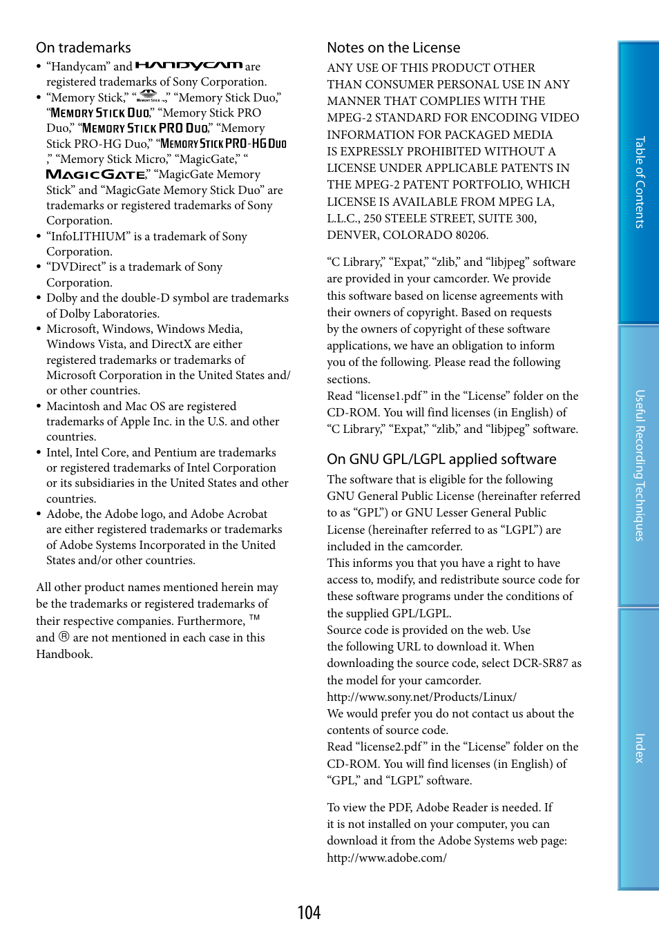 On trademarks, On gnu gpl/lgpl applied software | Sony DCR-SR87 User Manual | Page 104 / 107