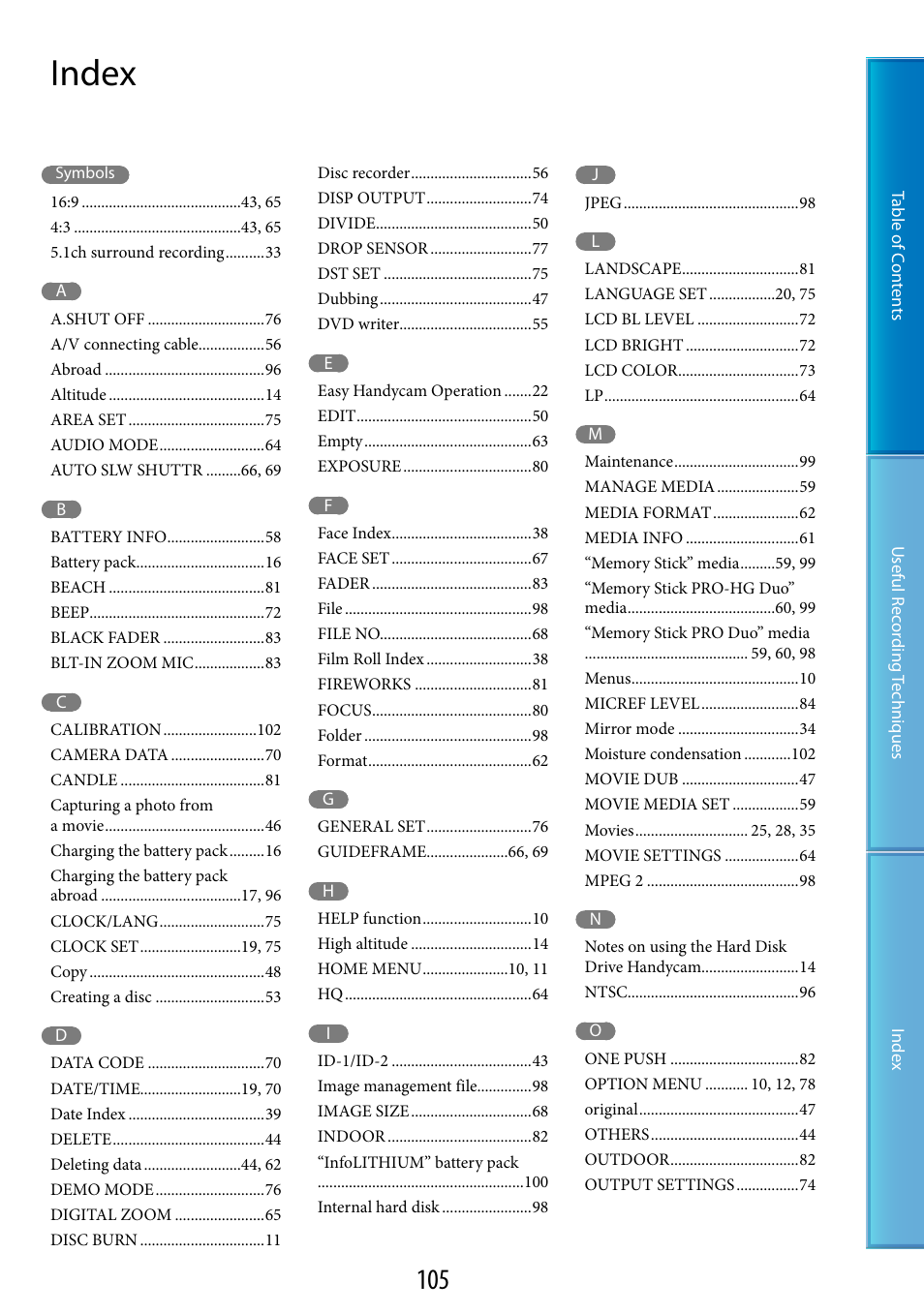 Index | Sony DCR-SR87 User Manual | Page 105 / 107