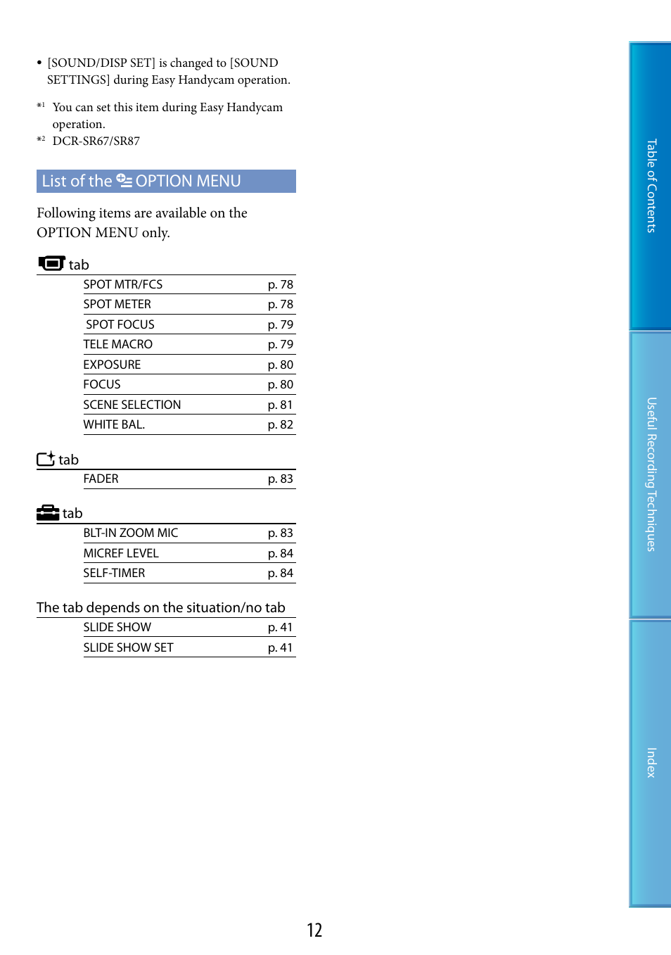 List of the option menu | Sony DCR-SR87 User Manual | Page 12 / 107