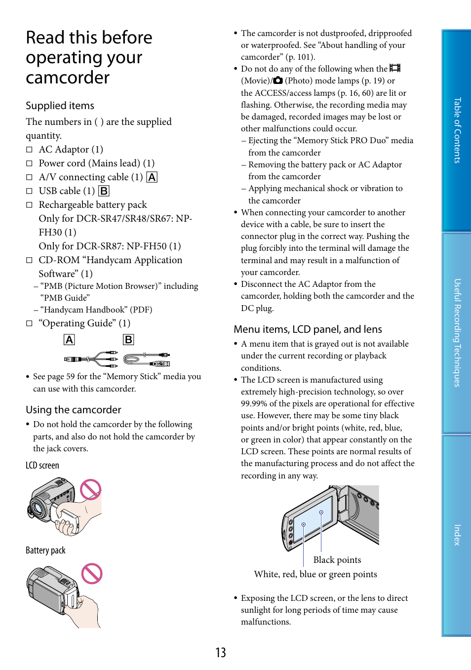 Read this before operating your camcorder, Supplied items, Using the camcorder | Menu items, lcd panel, and lens | Sony DCR-SR87 User Manual | Page 13 / 107