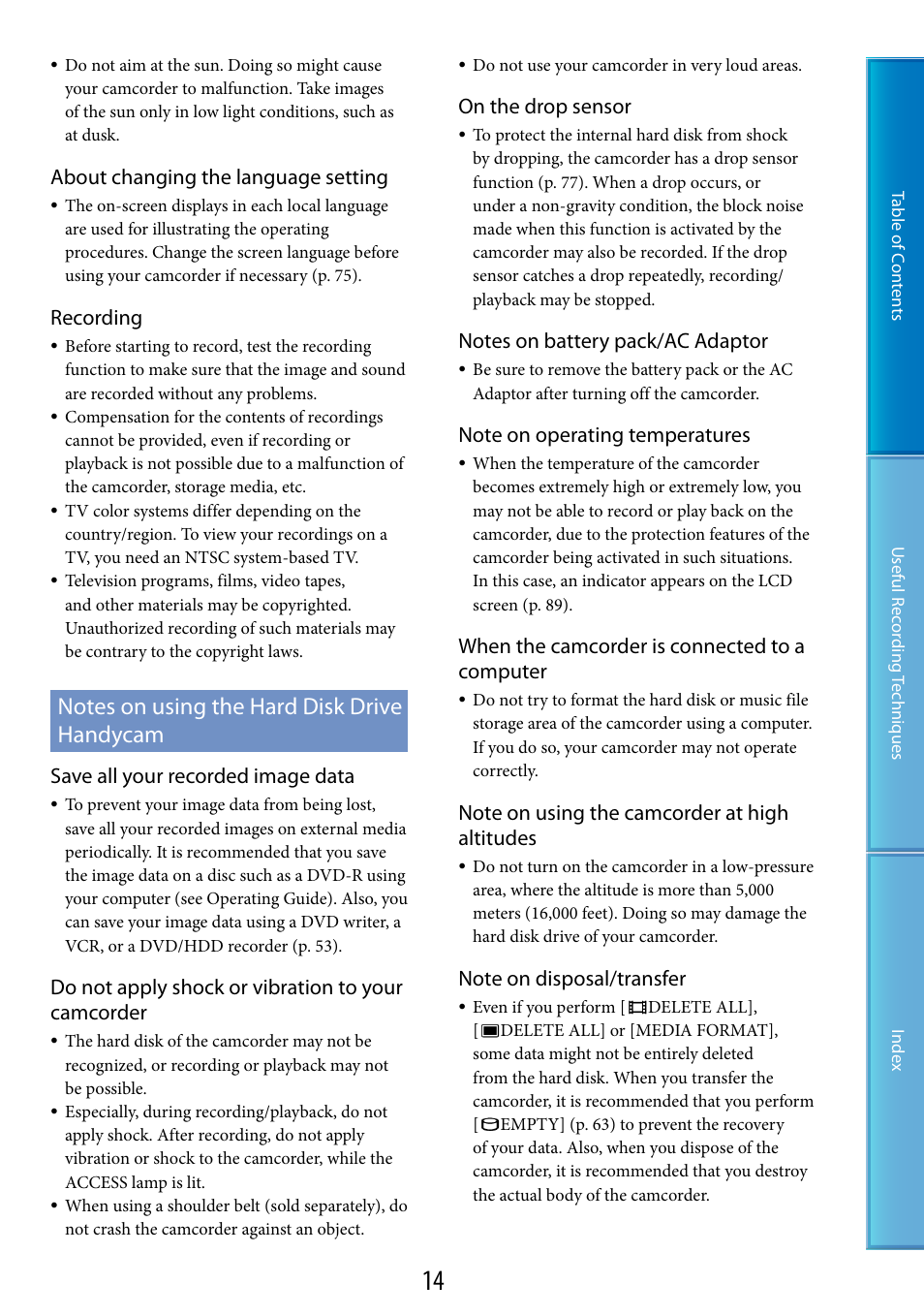 Notes on using the hard disk drive handycam, About changing the language setting, Recording | Save all your recorded image data, Do not apply shock or vibration to your camcorder, On the drop sensor, When the camcorder is connected to a computer | Sony DCR-SR87 User Manual | Page 14 / 107