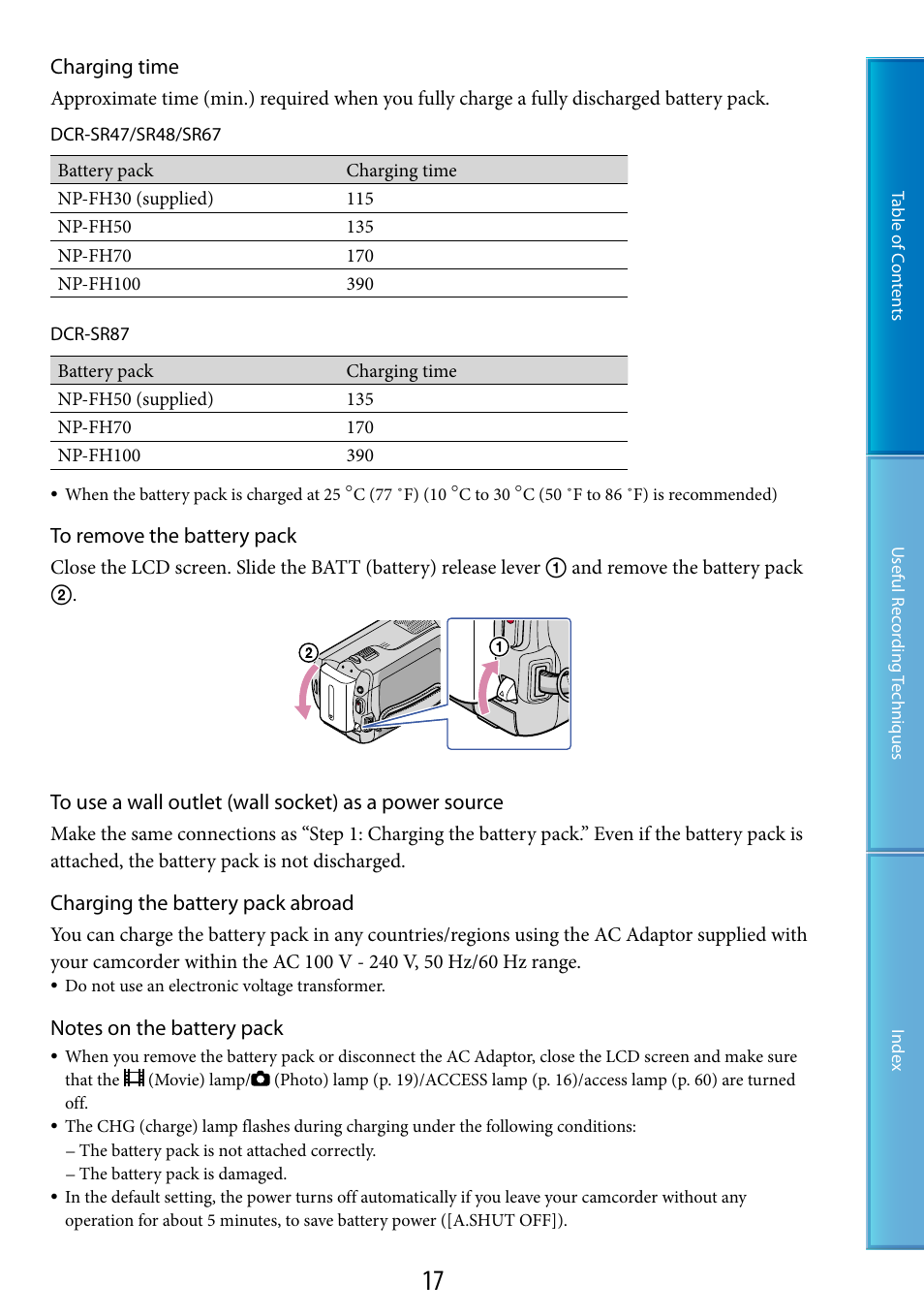 Er (17), Charging time, Charging the battery pack abroad | Sony DCR-SR87 User Manual | Page 17 / 107