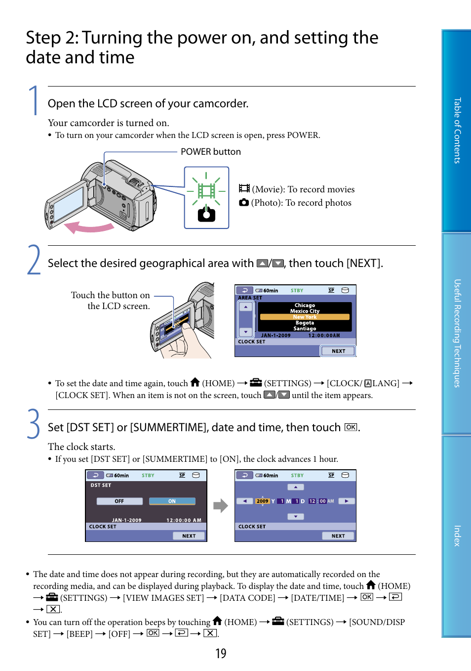 Lamps (19), On (19), 19) o | 19)/a | Sony DCR-SR87 User Manual | Page 19 / 107