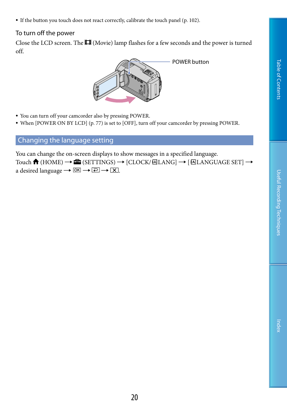 Changing the language setting | Sony DCR-SR87 User Manual | Page 20 / 107