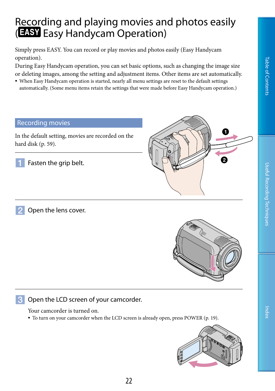 Recording movies, Recording and playing movies and photos easily, Easy handycam operation) | Ch (22, 23, 28, 30), Ip belt (22, 28), D) (22, 28, 35), E (22, 28) | Sony DCR-SR87 User Manual | Page 22 / 107