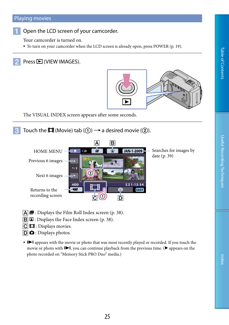 Playing movies, On (25, 35) | Sony DCR-SR87 User Manual | Page 25 / 107