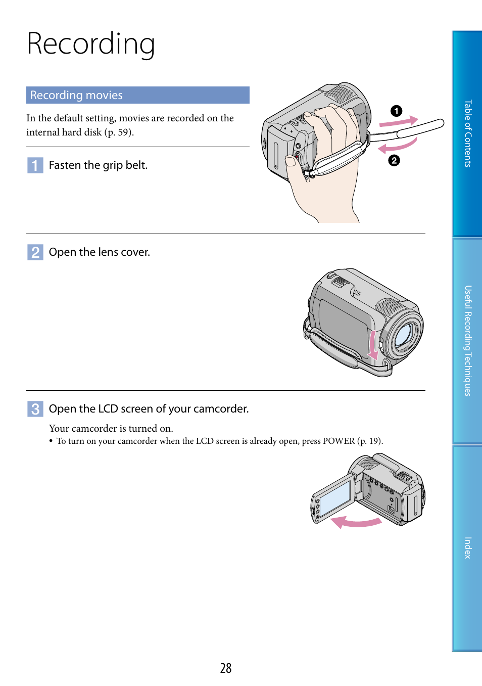 Recording, Recording movies | Sony DCR-SR87 User Manual | Page 28 / 107