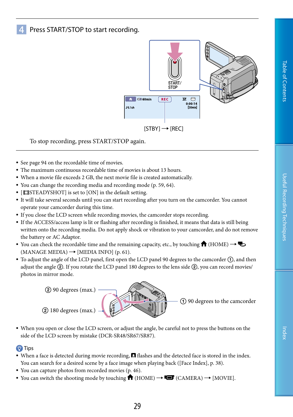 Press start/stop to start recording | Sony DCR-SR87 User Manual | Page 29 / 107