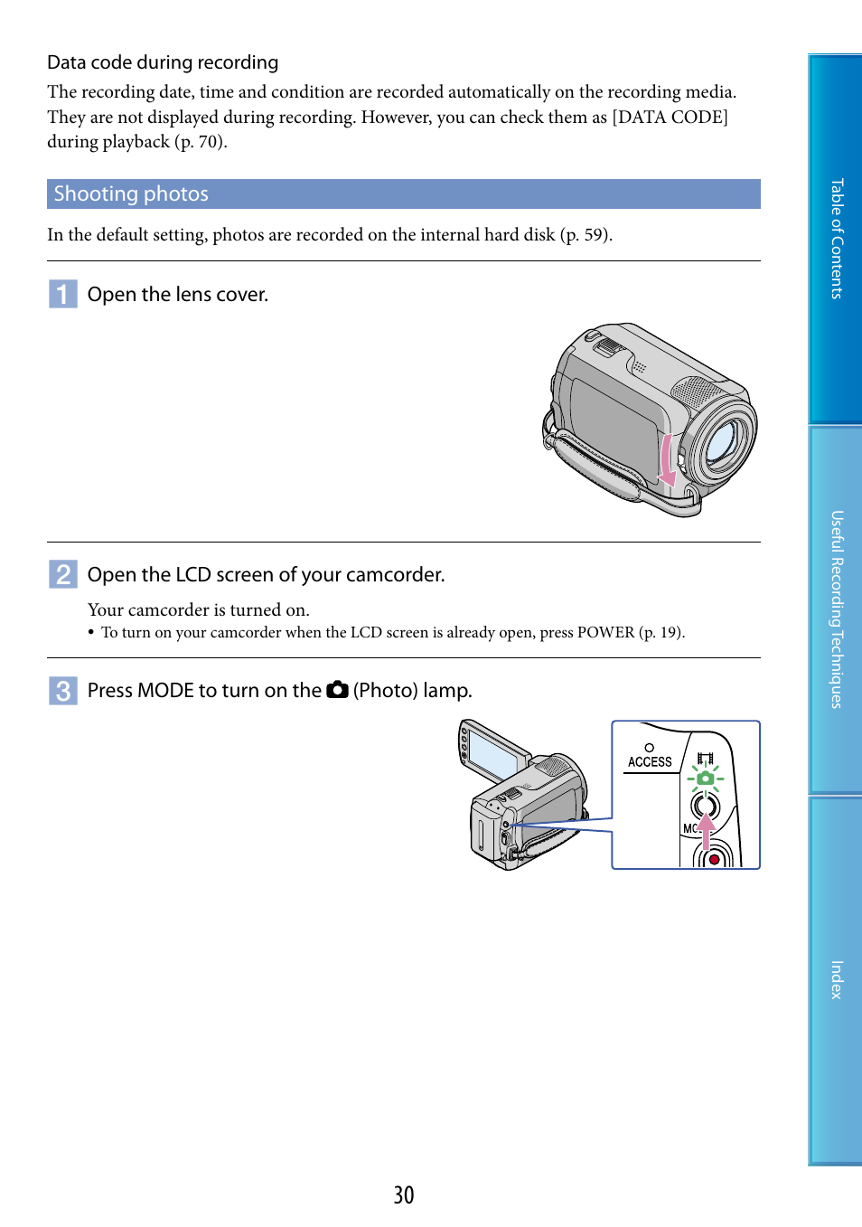 Shooting photos | Sony DCR-SR87 User Manual | Page 30 / 107