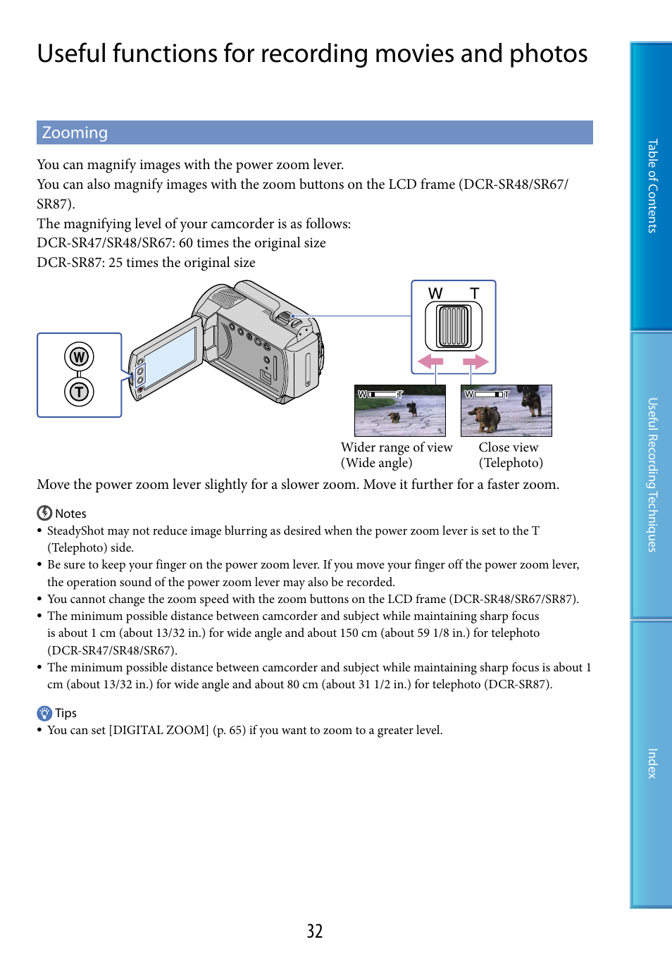 Useful functions for recording movies and photos, Zooming, Er (32, 40) | Sony DCR-SR87 User Manual | Page 32 / 107