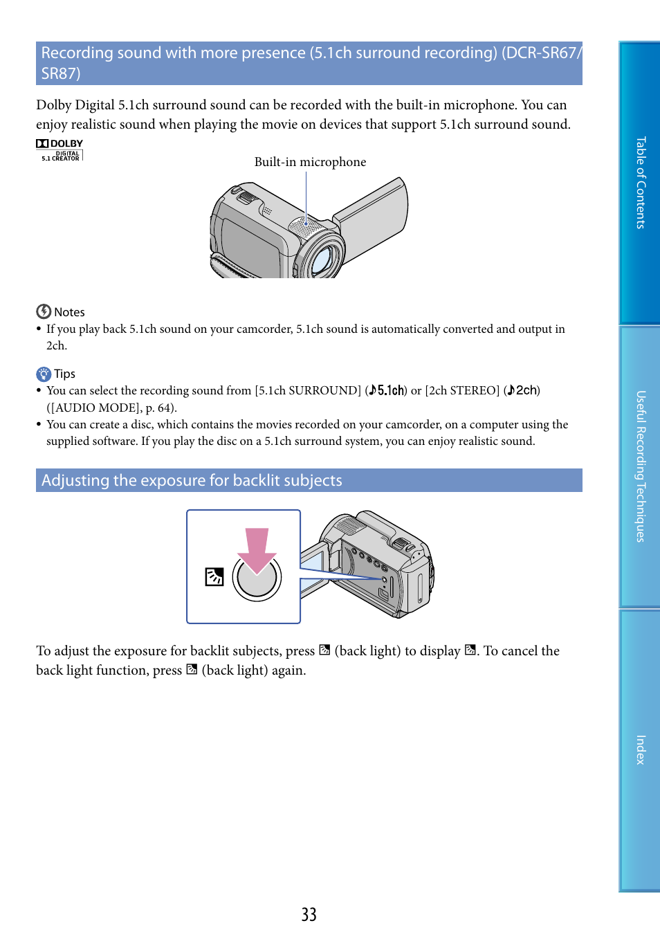 Adjusting the exposure for backlit subjects, Ophone (33), On (33) | T (33) | Sony DCR-SR87 User Manual | Page 33 / 107