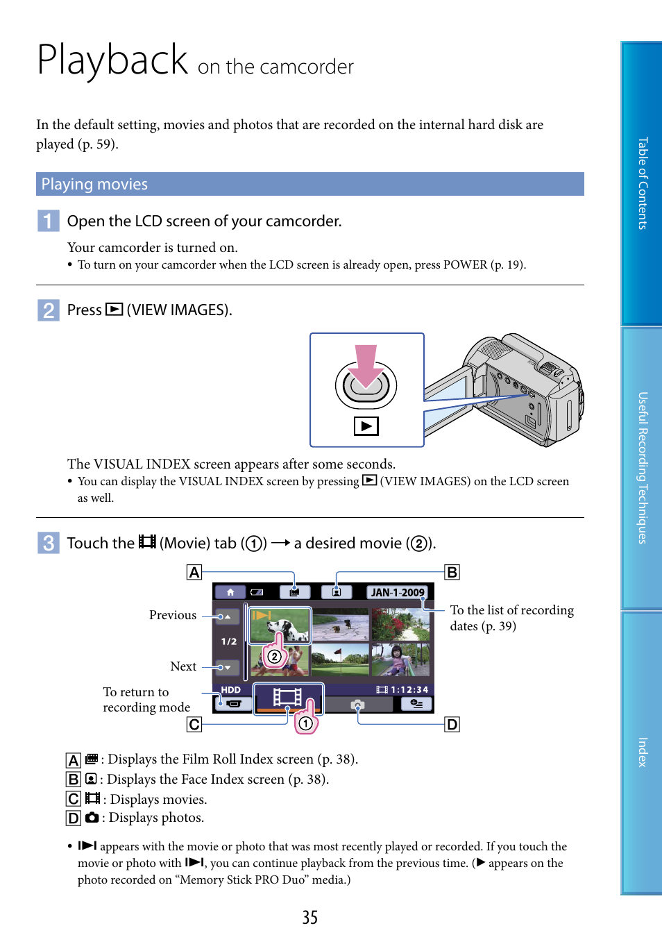 Playback on the camcorder, Playing movies, Playback | On.the.camcorder | Sony DCR-SR87 User Manual | Page 35 / 107