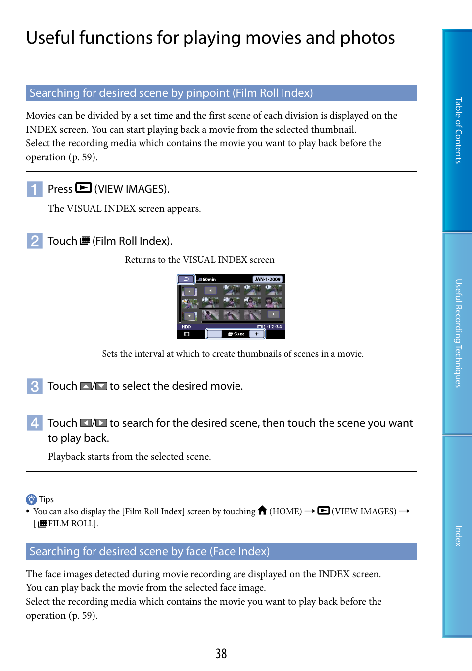 Useful functions for playing movies and photos, Searching for desired scene by face (face index), Dex (38) | Sony DCR-SR87 User Manual | Page 38 / 107