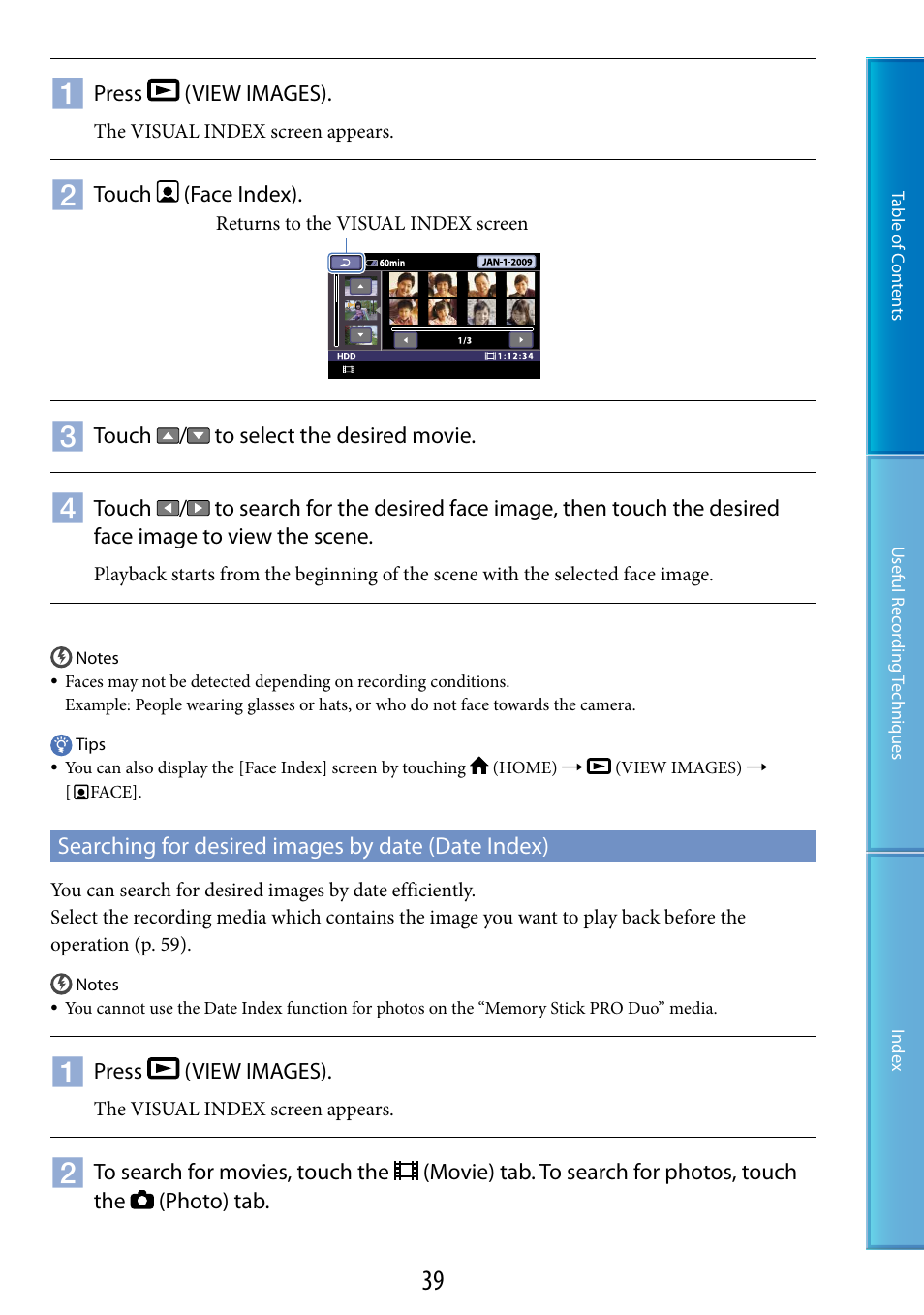 Searching for desired images by date (date index) | Sony DCR-SR87 User Manual | Page 39 / 107