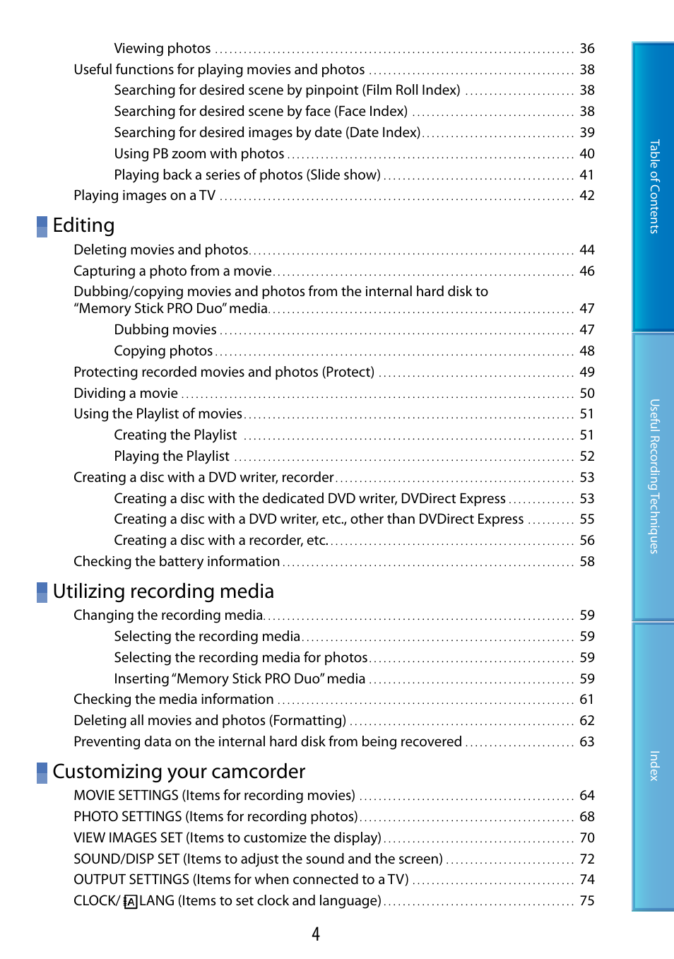 Editing, Utilizing recording media, Customizing your camcorder | Sony DCR-SR87 User Manual | Page 4 / 107