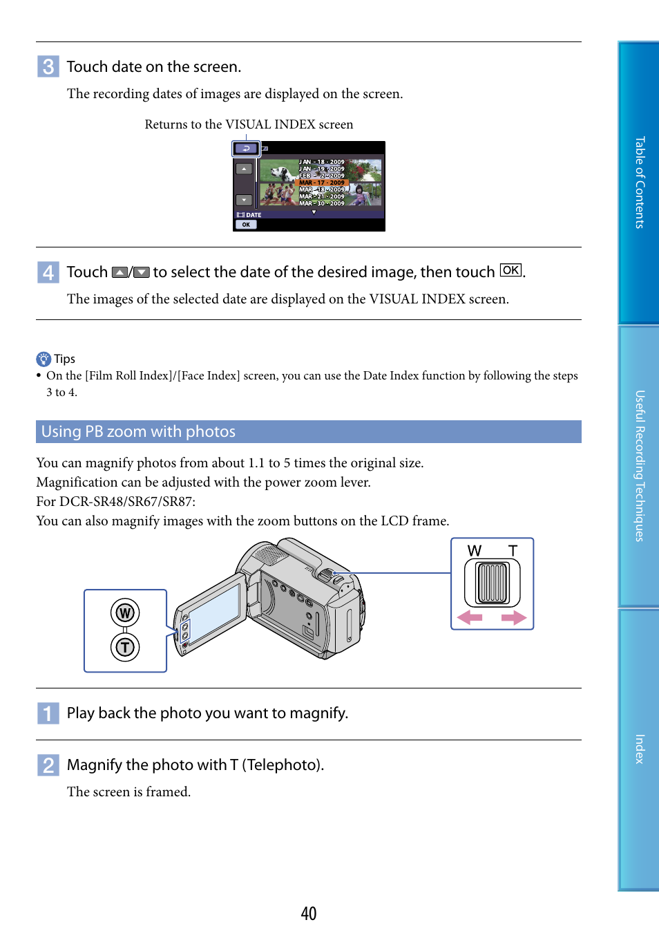 Using pb zoom with photos | Sony DCR-SR87 User Manual | Page 40 / 107