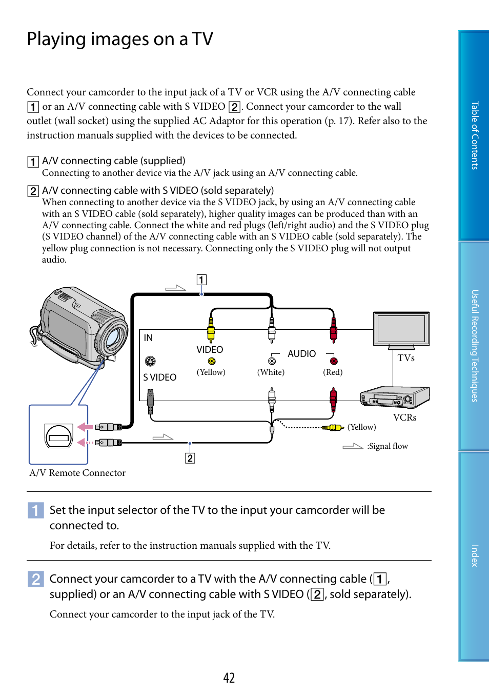 Playing images on a tv, Or (42, 56) | Sony DCR-SR87 User Manual | Page 42 / 107