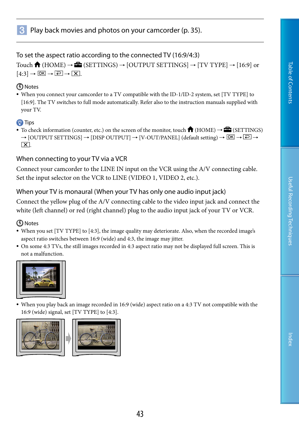 When connecting to your tv via a vcr | Sony DCR-SR87 User Manual | Page 43 / 107