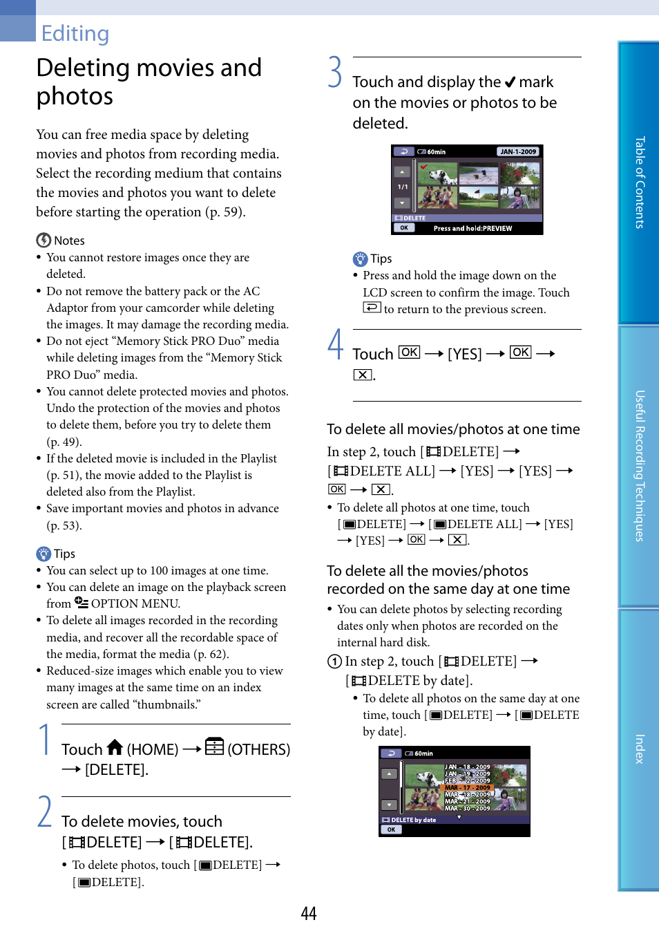 Editing, Deleting movies and photos | Sony DCR-SR87 User Manual | Page 44 / 107