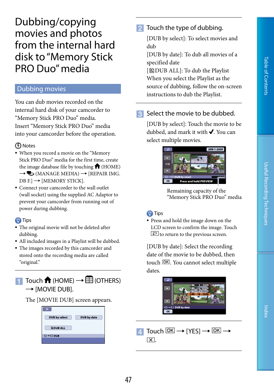 Dubbing movies, Memory stick pro duo” media | Sony DCR-SR87 User Manual | Page 47 / 107