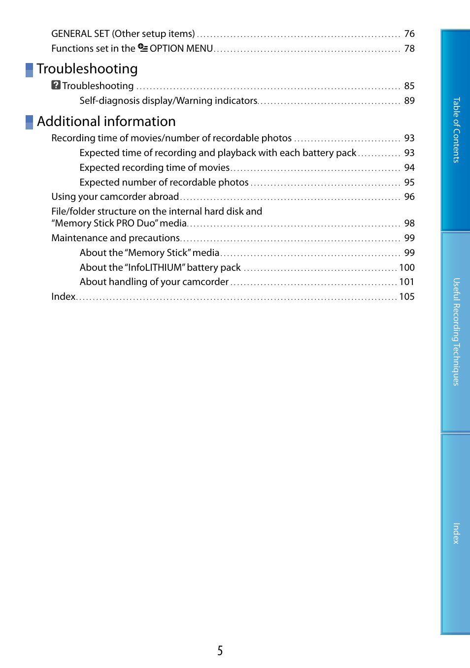 Troubleshooting, Additional information | Sony DCR-SR87 User Manual | Page 5 / 107