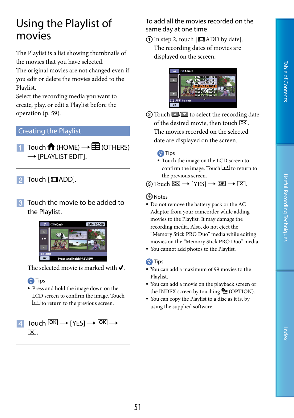 Using the playlist of movies, Creating the playlist, 51), t | Sony DCR-SR87 User Manual | Page 51 / 107