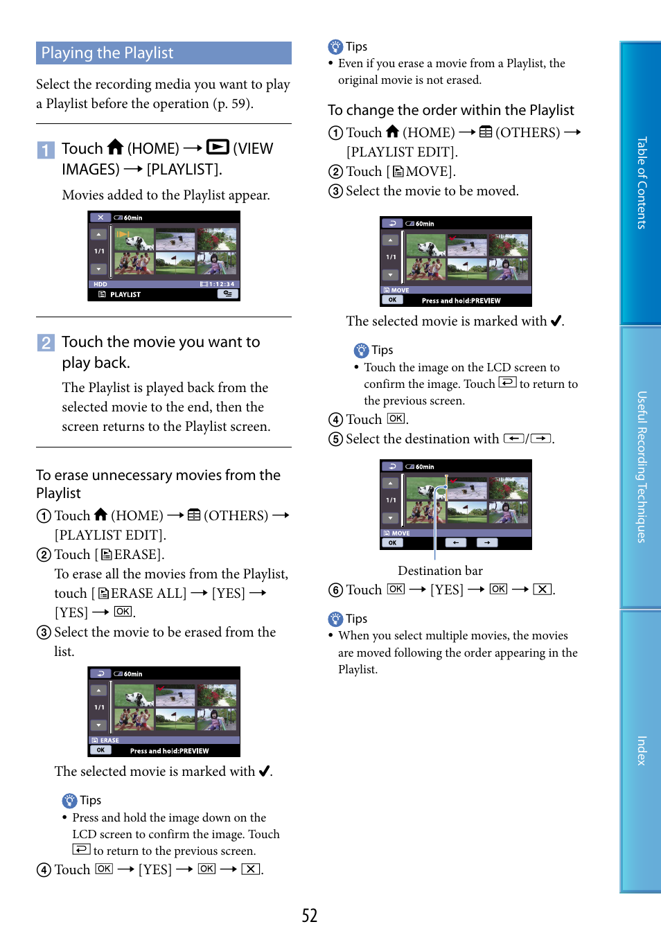 Playing the playlist, Touch (home)  (view images)  [playlist, Touch the movie you want to play back | Sony DCR-SR87 User Manual | Page 52 / 107