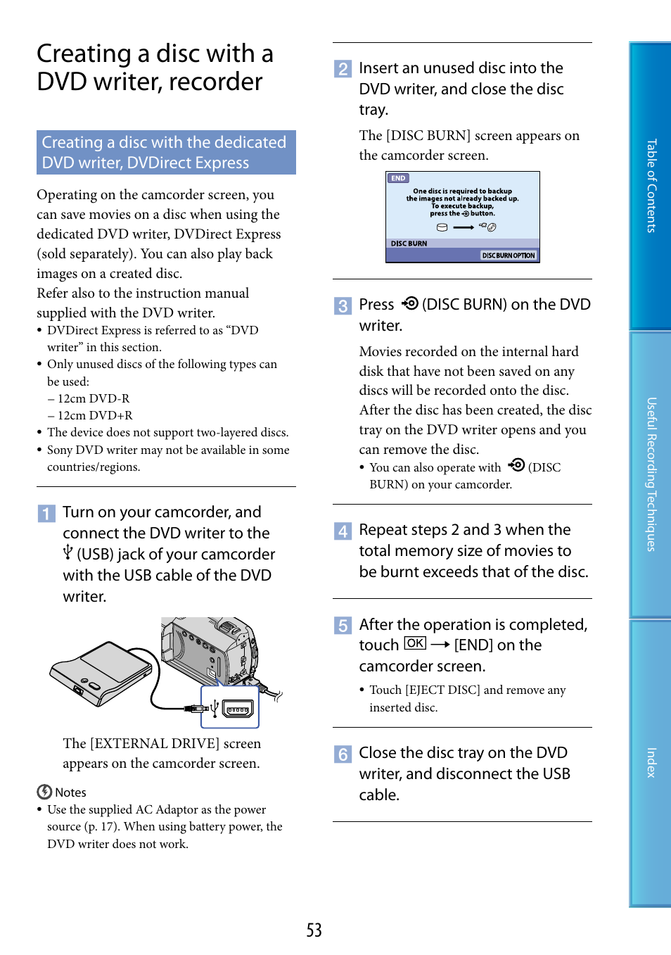 Creating a disc with a dvd writer, recorder | Sony DCR-SR87 User Manual | Page 53 / 107