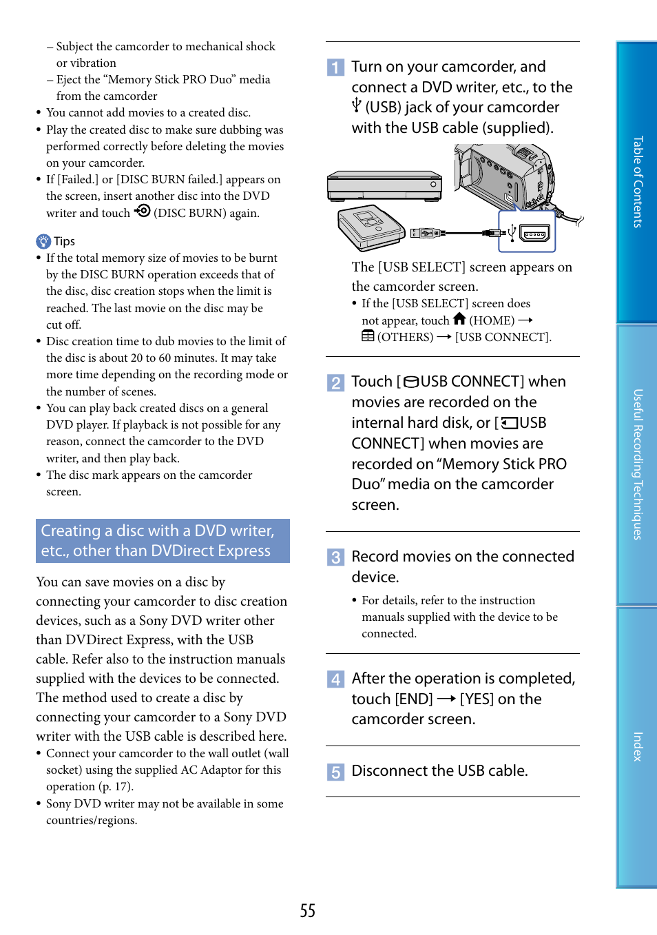 Usb) jack (55) | Sony DCR-SR87 User Manual | Page 55 / 107