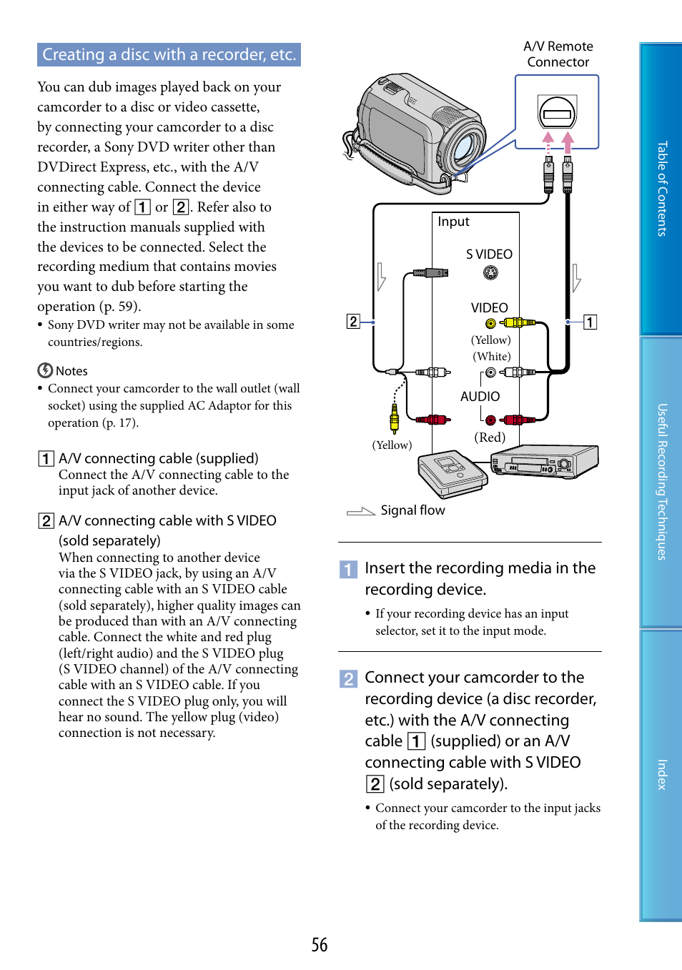 Creating a disc with a recorder, etc, Insert the recording media in the recording device | Sony DCR-SR87 User Manual | Page 56 / 107