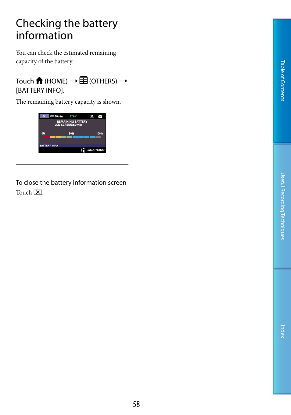 Checking the battery information | Sony DCR-SR87 User Manual | Page 58 / 107