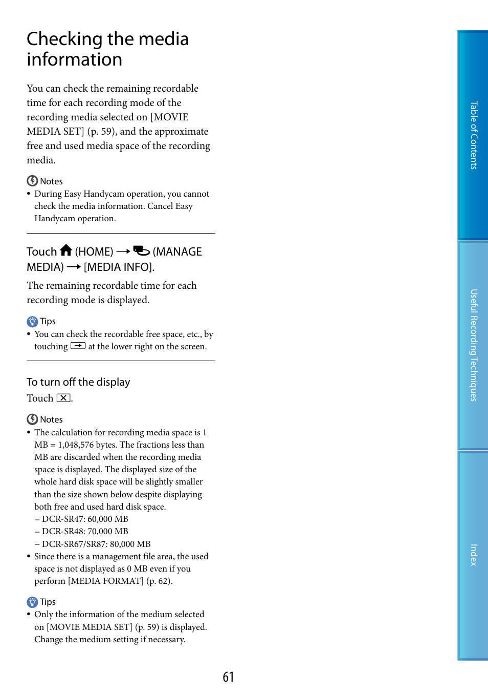 Checking the media information, Touch (home)  (manage media)  [media info | Sony DCR-SR87 User Manual | Page 61 / 107