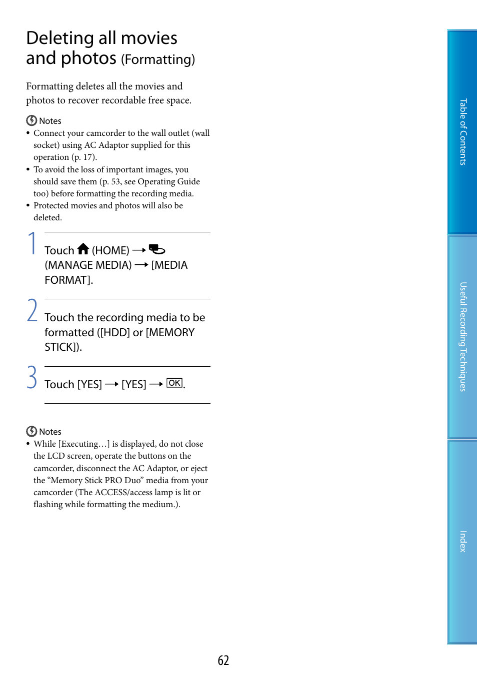 Deleting all movies and photos (formatting), Deleting all movies and photos, Formatting) | Sony DCR-SR87 User Manual | Page 62 / 107