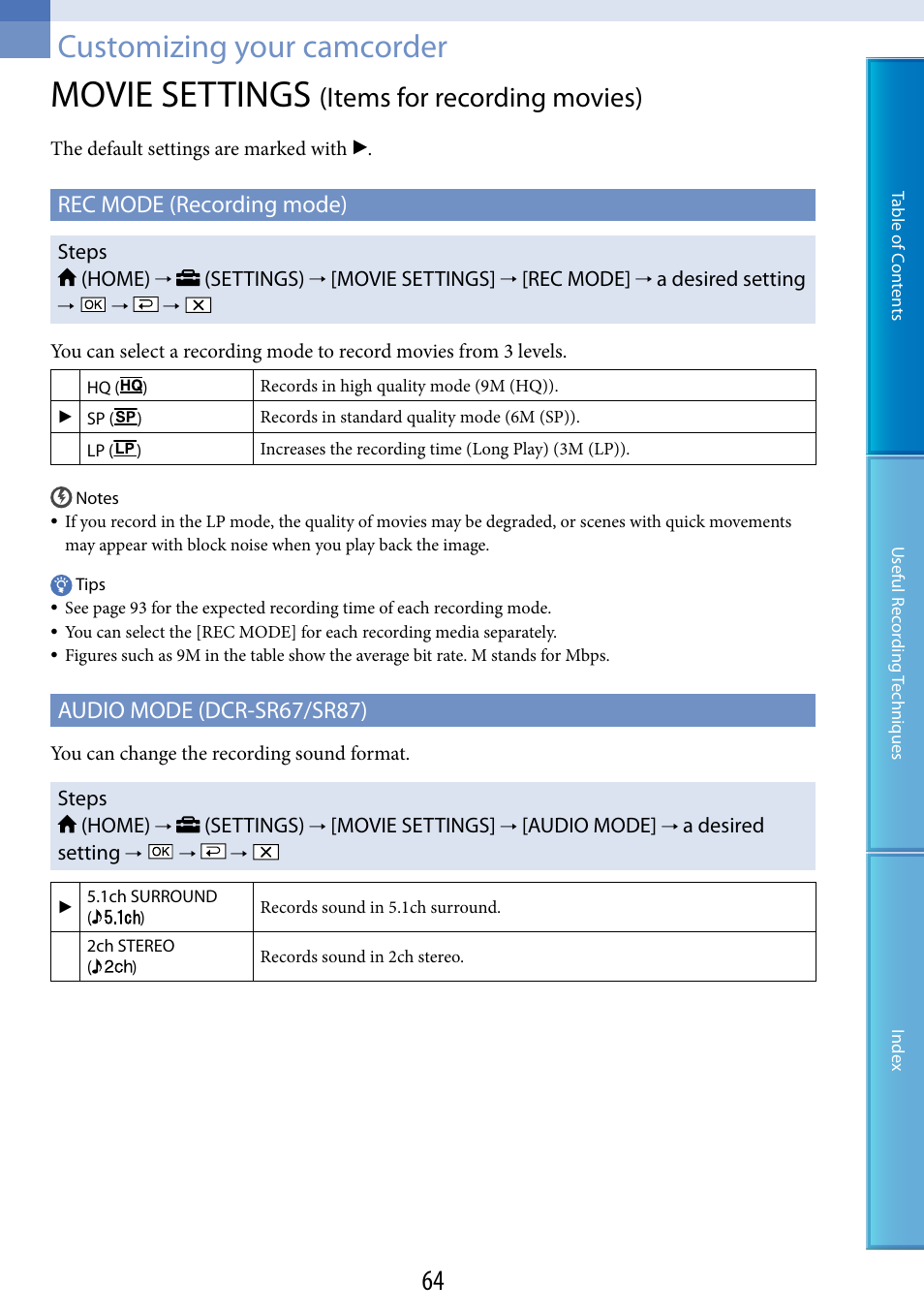 Customizing your camcorder, Movie settings (items for recording movies), Lp) (64) | Movie settings, Items for recording movies), Rec mode (recording mode), Audio mode (dcr-sr67/sr87) | Sony DCR-SR87 User Manual | Page 64 / 107