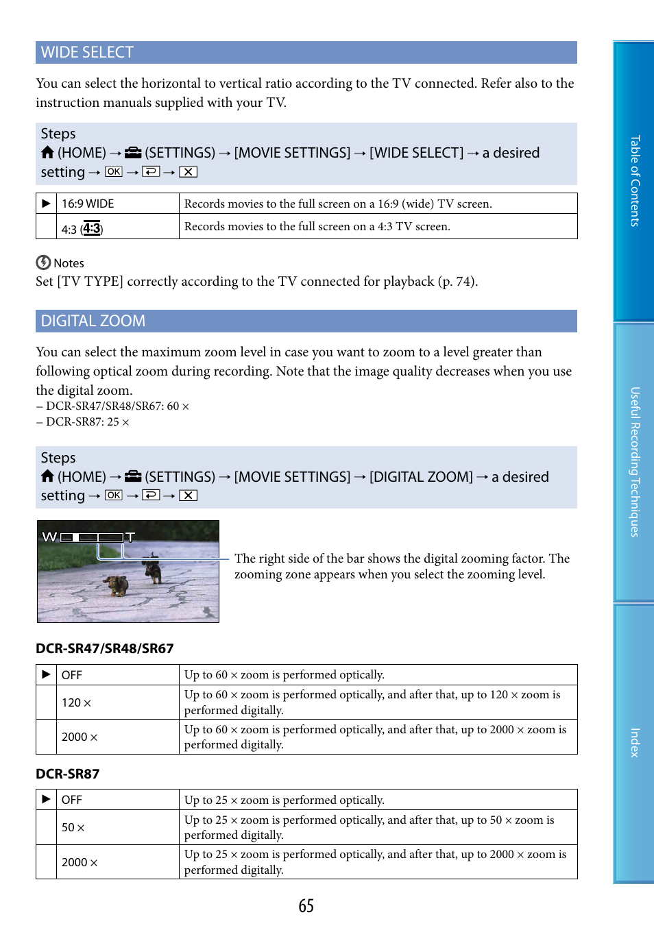 Elect (65), Wide select, Digital zoom | Sony DCR-SR87 User Manual | Page 65 / 107