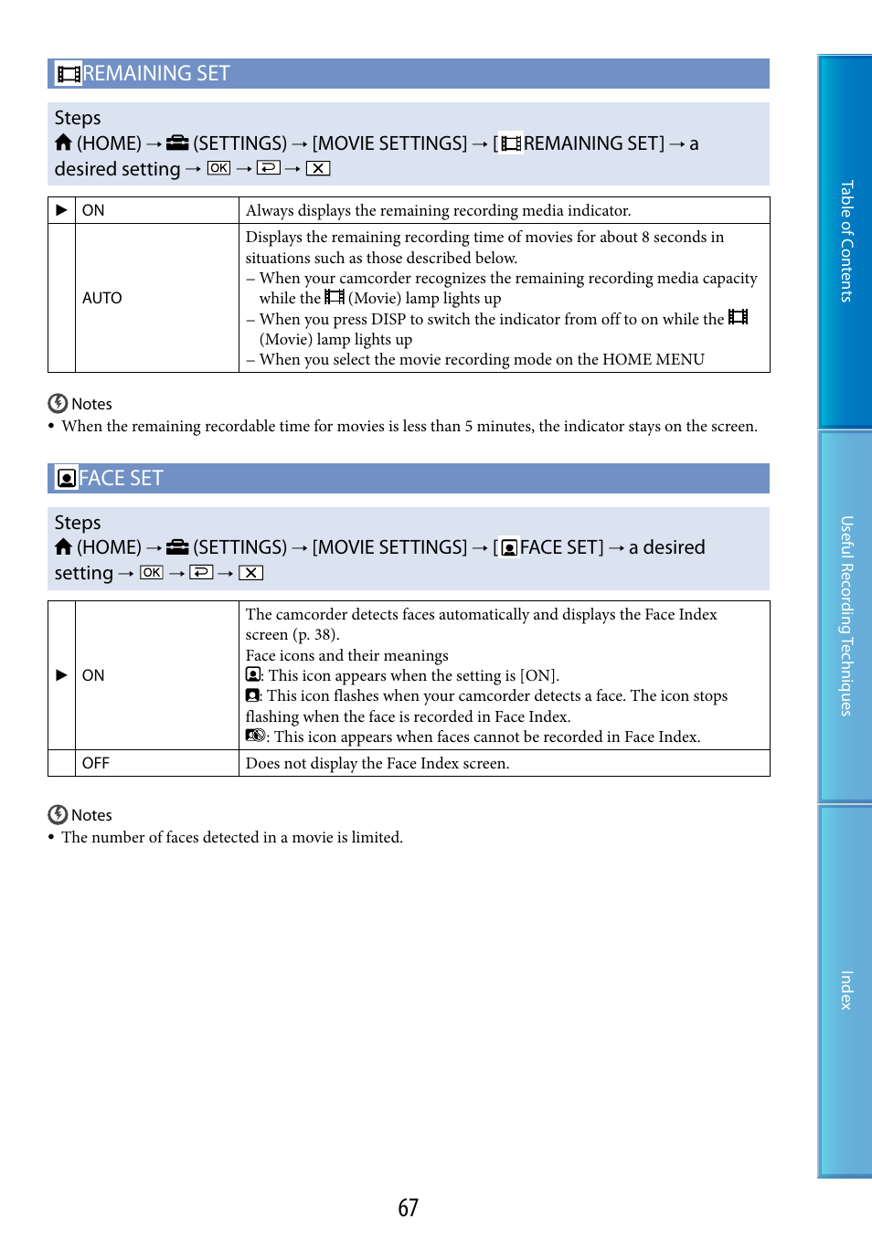 Remaining set, Face set, Steps (home) | Settings), Movie settings, Adesired setting, A desired setting | Sony DCR-SR87 User Manual | Page 67 / 107