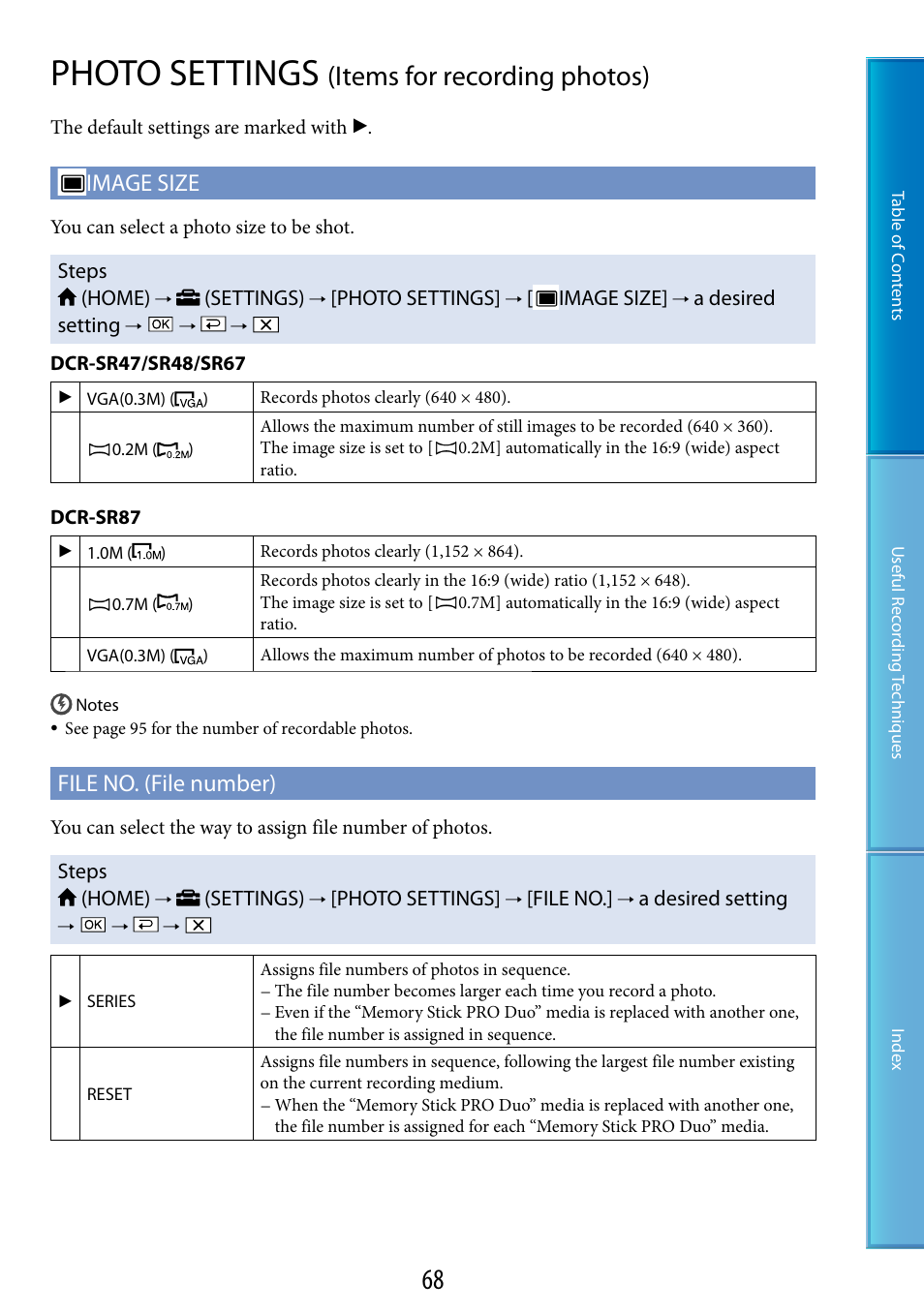 Photo settings (items for recording photos), O size (68), Photo settings | Items for recording photos), Image size, File no. (file number) | Sony DCR-SR87 User Manual | Page 68 / 107