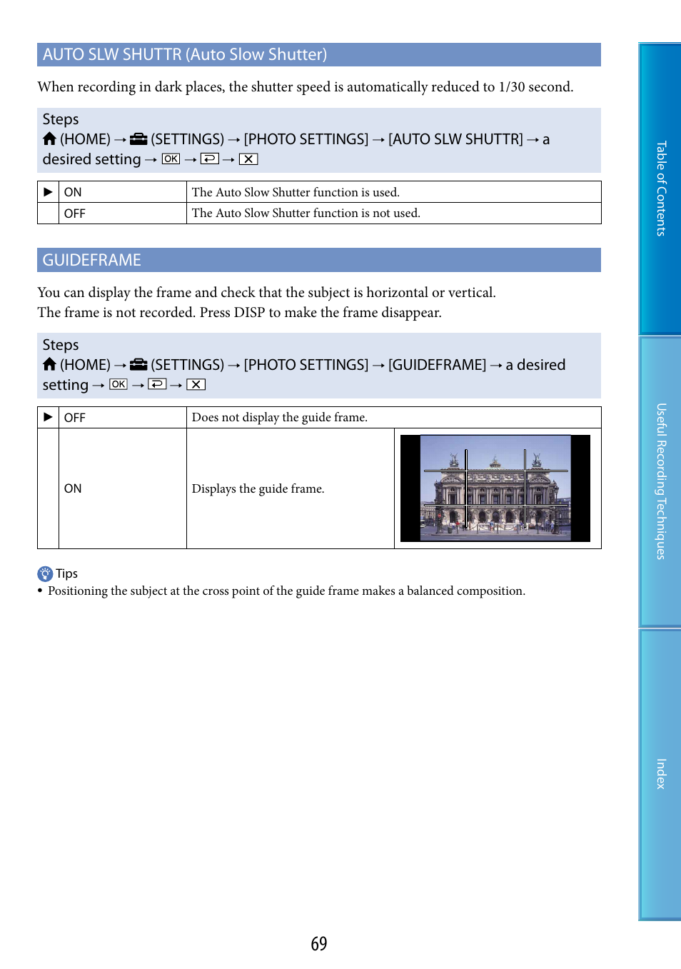 Auto slw shuttr (auto slow shutter), Guideframe | Sony DCR-SR87 User Manual | Page 69 / 107