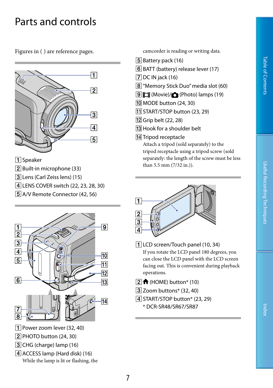 Parts and controls | Sony DCR-SR87 User Manual | Page 7 / 107