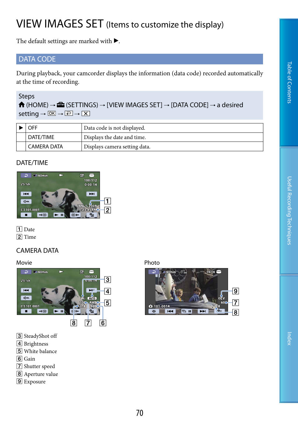 View images set (items to customize the display), View images set, Items to customize the display) | Data code | Sony DCR-SR87 User Manual | Page 70 / 107