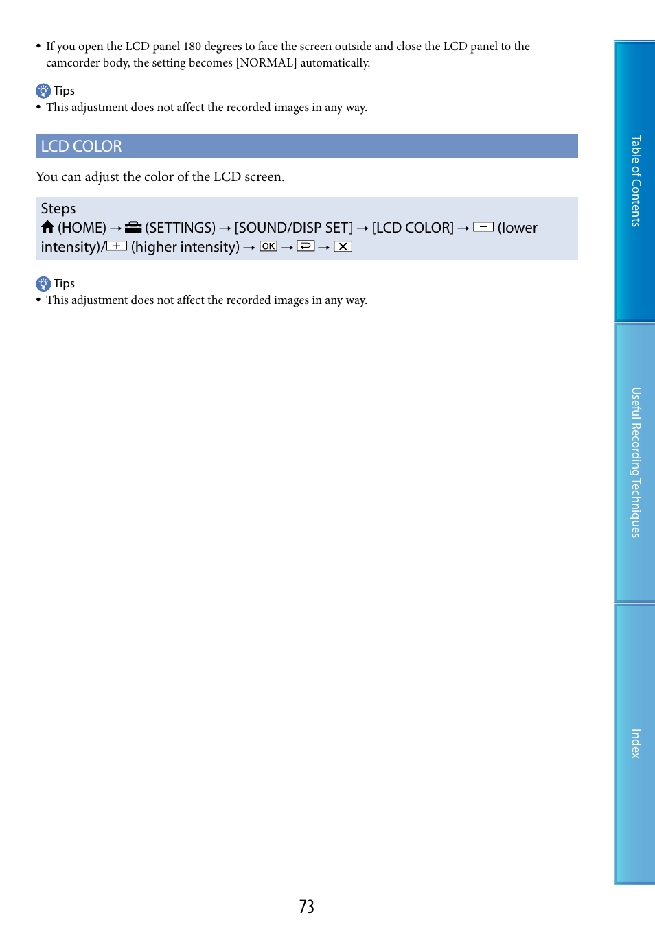 Lcd color, Steps (home), Settings) | Sound/disp set, Lower intensity)/ (higher intensity) | Sony DCR-SR87 User Manual | Page 73 / 107