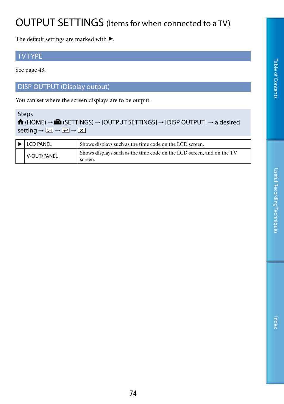 Output settings (items for when connected to a tv), Output settings, Items for when connected to a tv) | Tv type, Disp output (display output) | Sony DCR-SR87 User Manual | Page 74 / 107