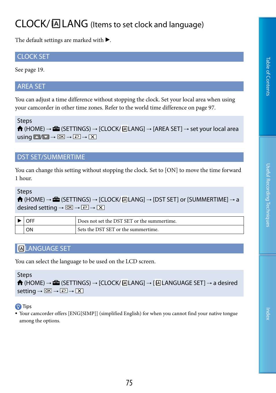 Clock/lang (items to set clock and language), Clock, Lang (items to set clock and language) | Clock/ lang, Items to set clock and language), Clock set, Area set, Dst set/summertime, Language set | Sony DCR-SR87 User Manual | Page 75 / 107