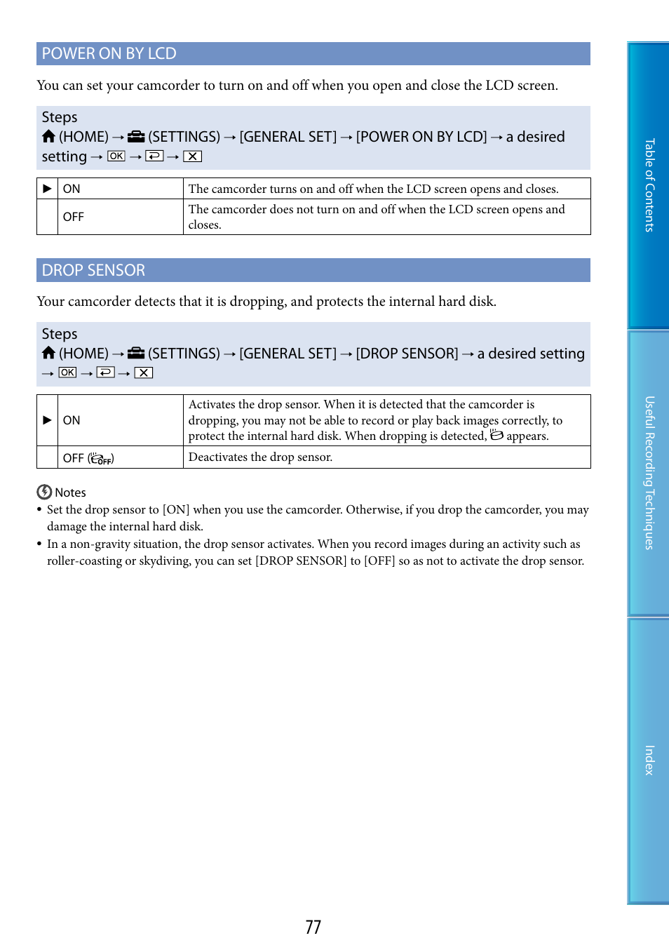 F (77), D (77), 77). w | Power on by lcd, Drop sensor | Sony DCR-SR87 User Manual | Page 77 / 107