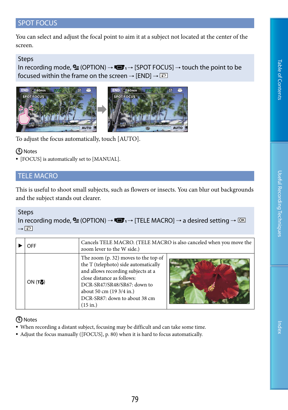 O (79), Spot focus, Tele macro | Sony DCR-SR87 User Manual | Page 79 / 107