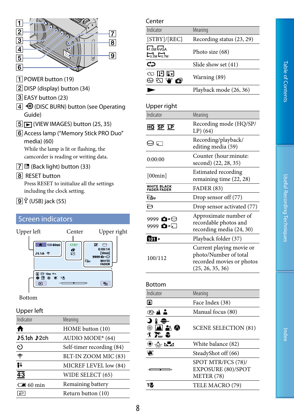 Screen indicators | Sony DCR-SR87 User Manual | Page 8 / 107