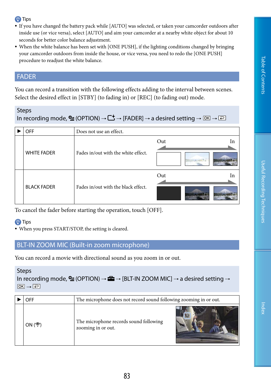 C (83), Er (83), Fader | Blt-in zoom mic (built-in zoom microphone), Steps in recording mode, (option), A desired setting, Blt-in zoom mic | Sony DCR-SR87 User Manual | Page 83 / 107