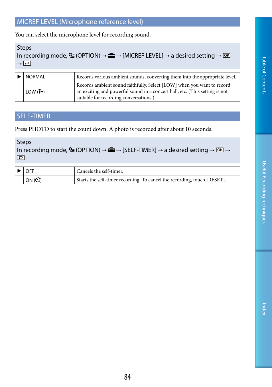 G (84), W (84), Micref level (microphone reference level) | Self-timer | Sony DCR-SR87 User Manual | Page 84 / 107