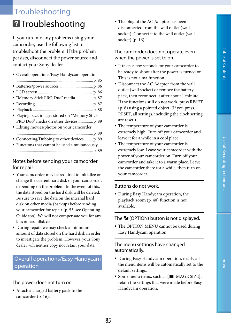 Troubleshooting, Overall operations/easy handycam operation | Sony DCR-SR87 User Manual | Page 85 / 107