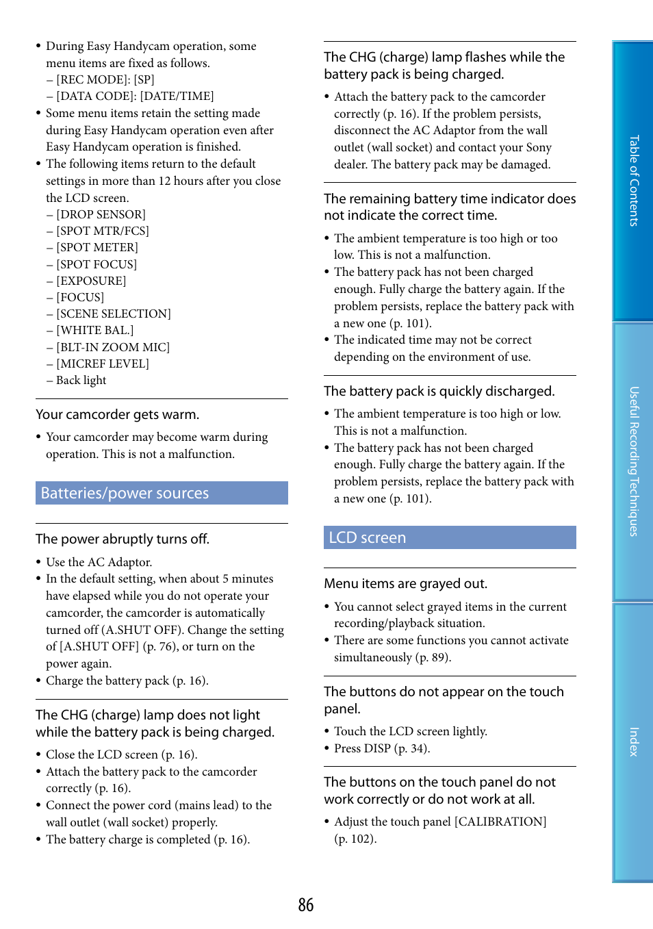 Batteries/power sources, Lcd screen | Sony DCR-SR87 User Manual | Page 86 / 107